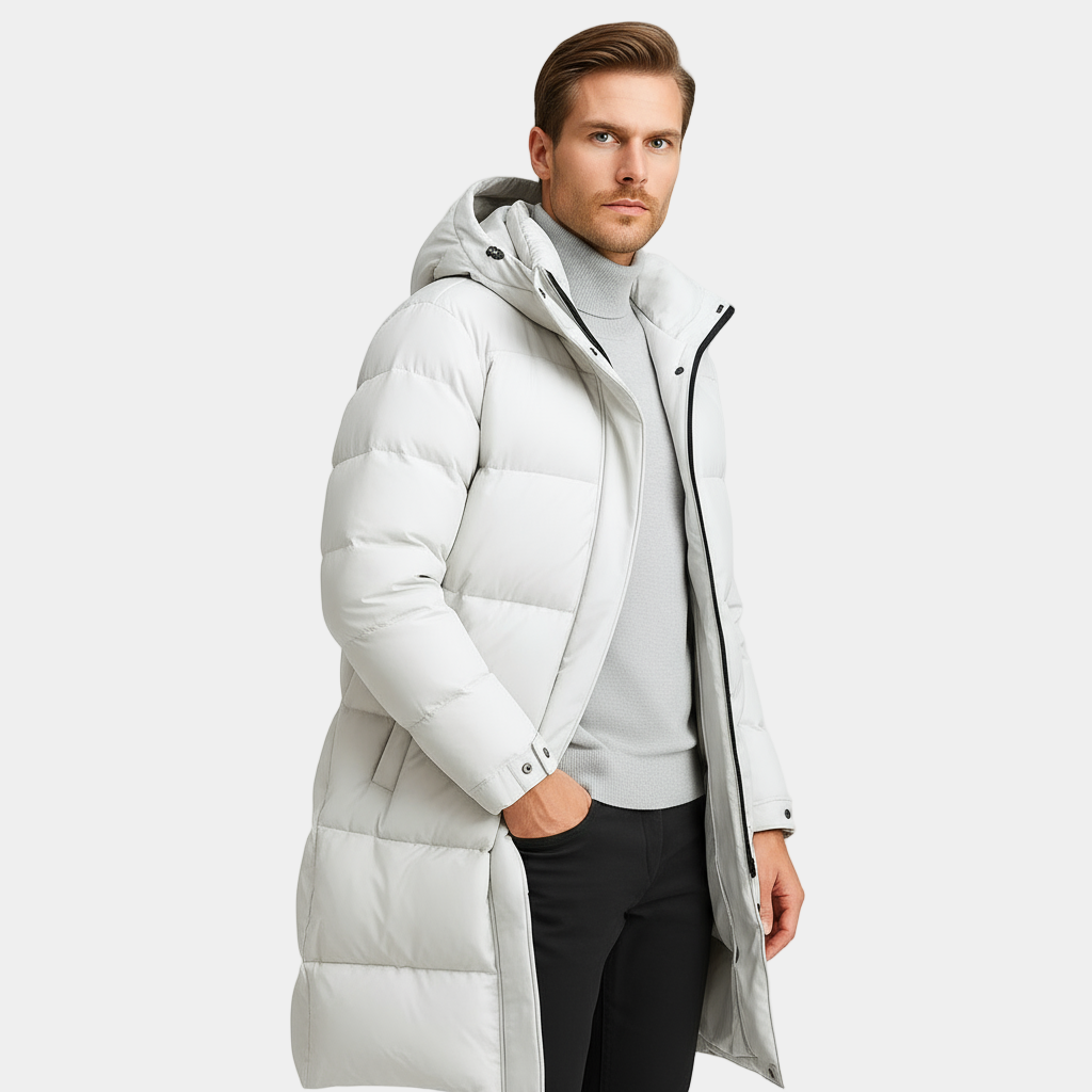 Men's Long Down Puffer Jacket - Insulated Winter Parka for Cold Weather - Water-Resistant, Hooded Design
