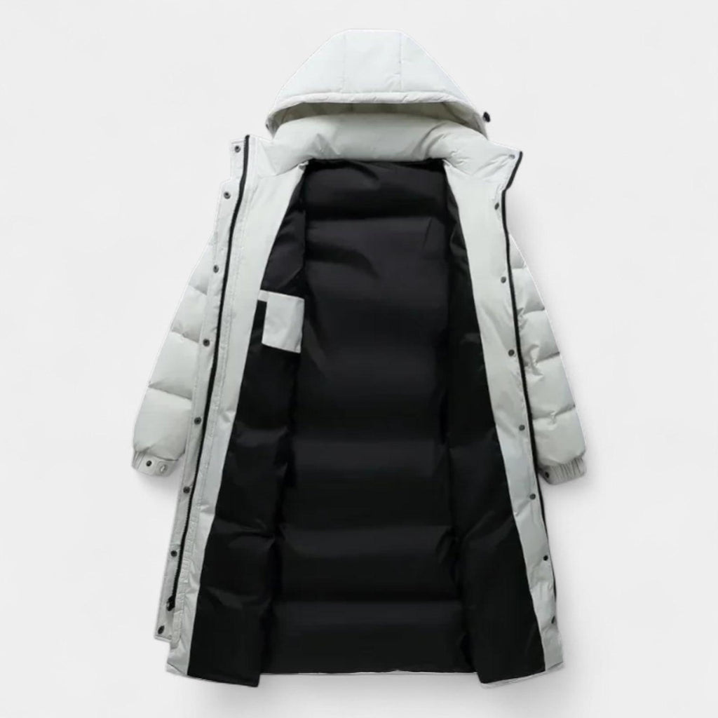 Men's Long Down Puffer Jacket - Insulated Winter Parka for Cold Weather - Water-Resistant, Hooded Design
