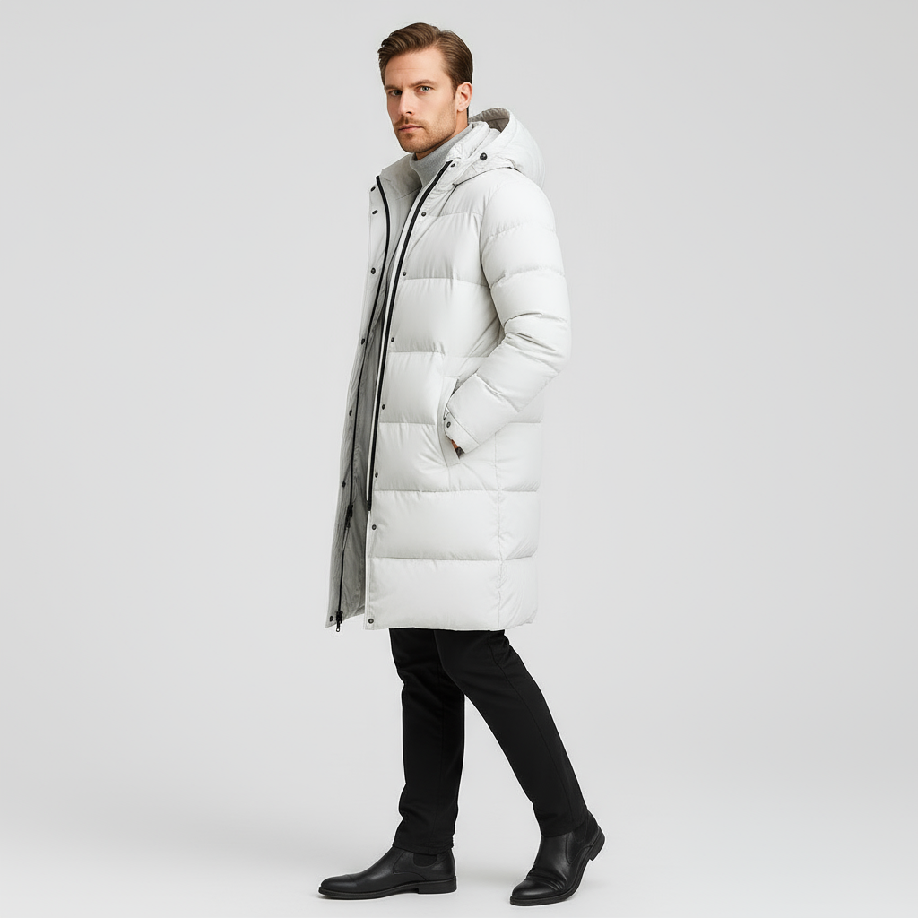 Men's Long Down Puffer Jacket - Insulated Winter Parka for Cold Weather - Water-Resistant, Hooded Design