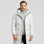 Men's Long Down Puffer Jacket - Insulated Winter Parka for Cold Weather - Water-Resistant, Hooded Design