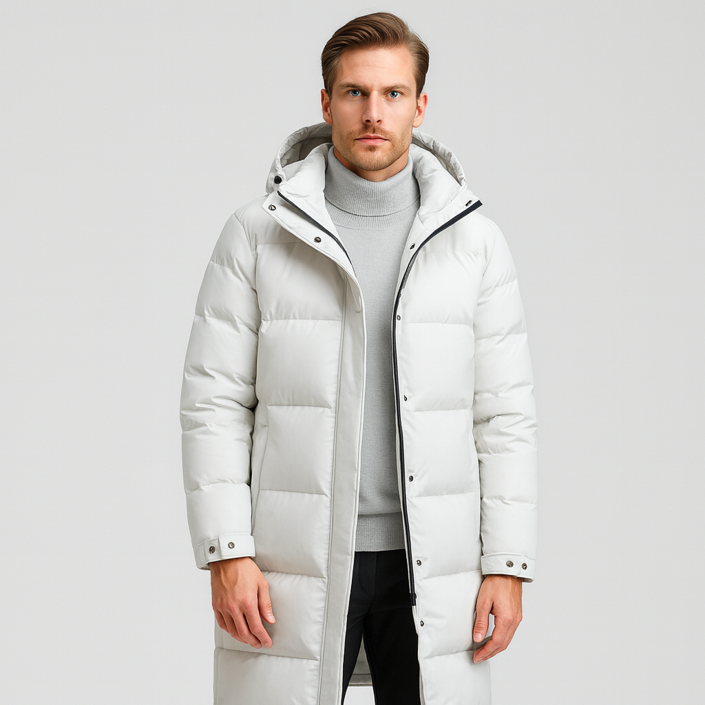 Men's Long Down Puffer Jacket - Insulated Winter Parka for Cold Weather - Water-Resistant, Hooded Design