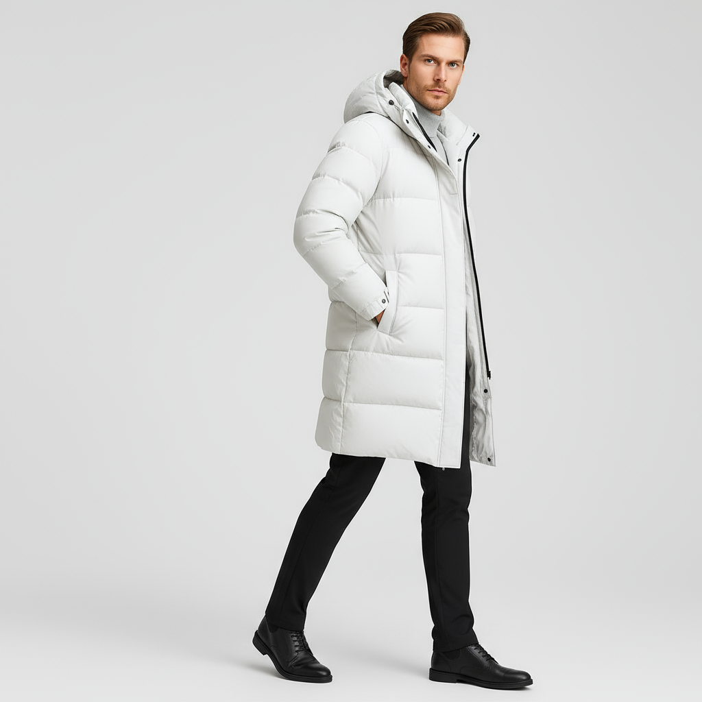 Men's Long Down Puffer Jacket - Insulated Winter Parka for Cold Weather - Water-Resistant, Hooded Design