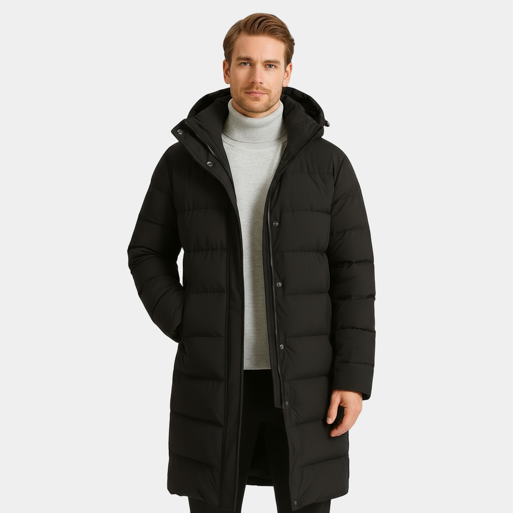 Men's Long Down Puffer Jacket - Insulated Winter Parka for Cold Weather - Water-Resistant, Hooded Design