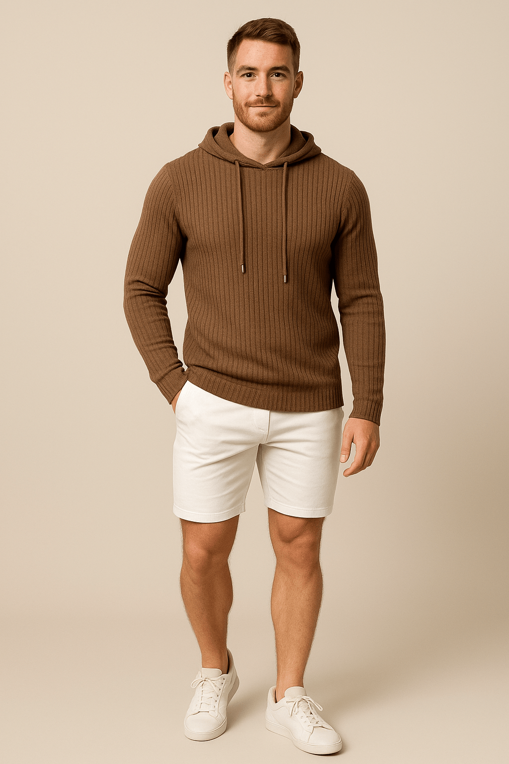 Men's Slim Fit Ribbed Knit Hoodie with Drawstring - Comfortable Casual Wear for Everyday Style Brown