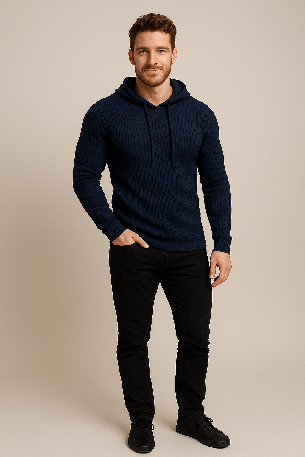Men's Slim Fit Ribbed Knit Hoodie with Drawstring - Comfortable Casual Wear for Everyday Style Navy