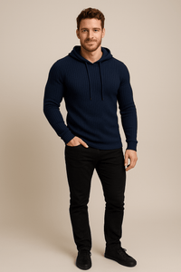 Men's Slim Fit Ribbed Knit Hoodie with Drawstring - Comfortable Casual Wear for Everyday Style Navy