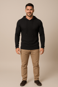 Men's Slim Fit Ribbed Knit Hoodie with Drawstring - Comfortable Casual Wear for Everyday Style Black