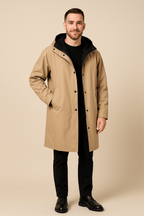 Men's Two-Tone Hooded Long-Line Coat - Relaxed Fit, Stylish Outerwear for Casual Wear Beige