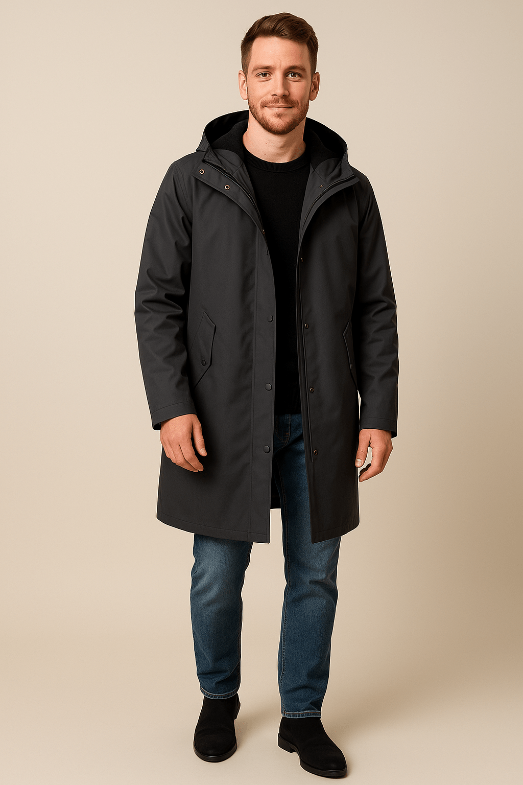 Men's Two-Tone Hooded Long-Line Coat - Relaxed Fit, Stylish Outerwear for Casual Wear Grey