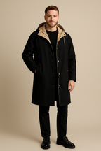 Men's Two-Tone Hooded Long-Line Coat - Relaxed Fit, Stylish Outerwear for Casual Wear Black