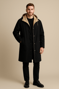 Men's Two-Tone Hooded Long-Line Coat - Relaxed Fit, Stylish Outerwear for Casual Wear Black