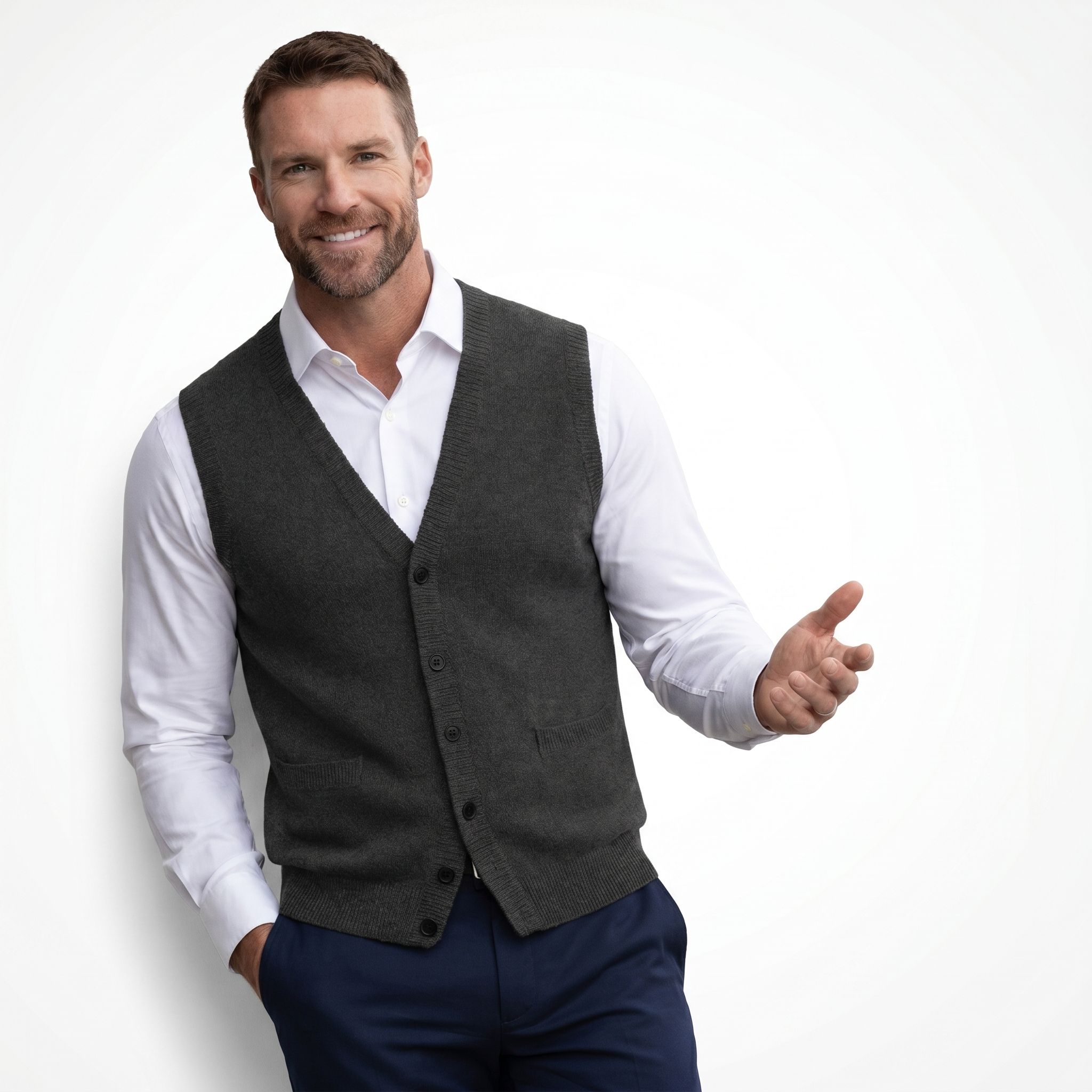 Men's V Neck Sleeveless Knit Waistcoat Vest with Pockets - Casual Style