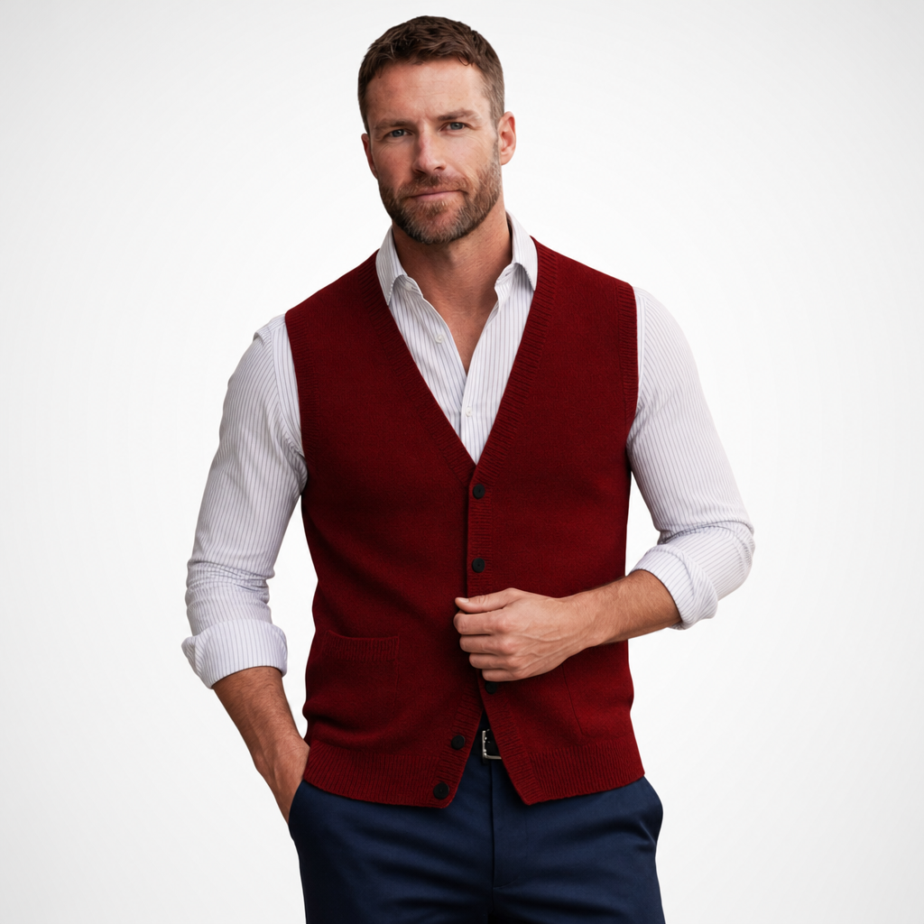 Men's V Neck Sleeveless Knit Waistcoat Vest with Pockets - Casual Style