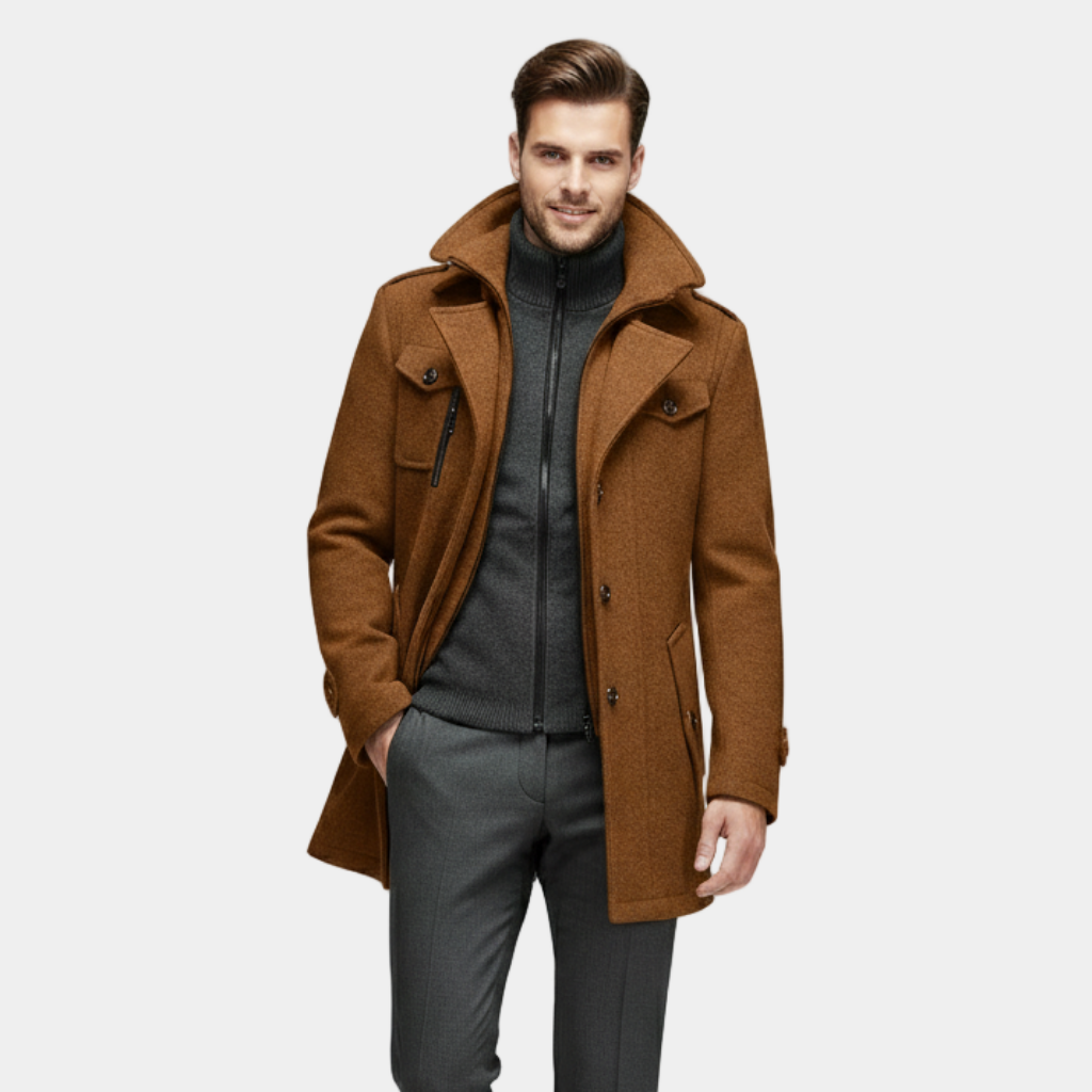 Men's Wool-Blend Overcoat - Tailored Button-Up Winter Coat for Cold Weather Fashion