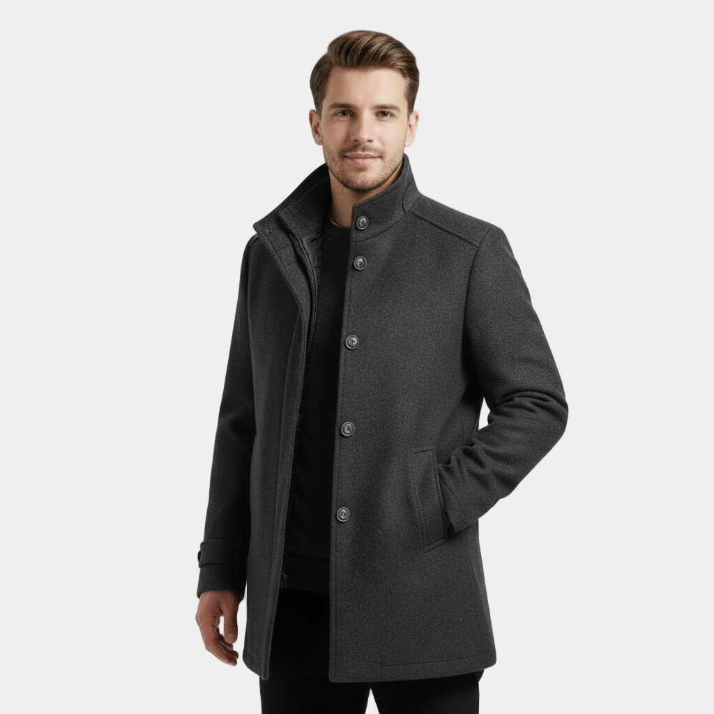 Men's Wool-Blend Stand-Collar Coat with Removable Padded Vest for Cold Weather Wear