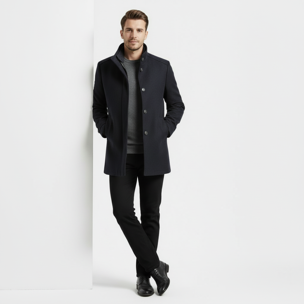 Men's Wool-Blend Stand-Collar Coat with Removable Padded Vest for Cold Weather Wear