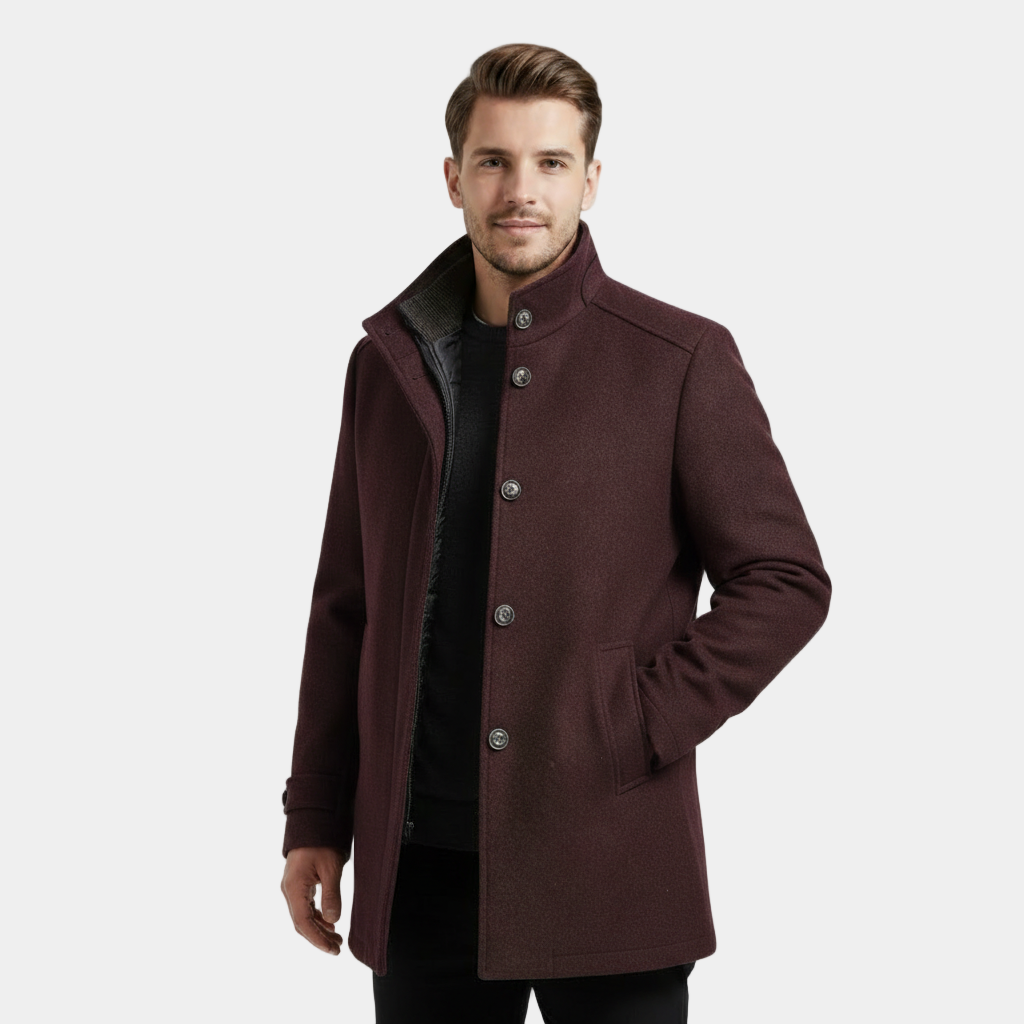 Men's Wool-Blend Stand-Collar Coat with Removable Padded Vest for Cold Weather Wear