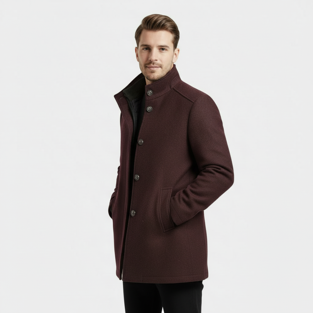 Men's Wool-Blend Stand-Collar Coat with Removable Padded Vest for Cold Weather Wear