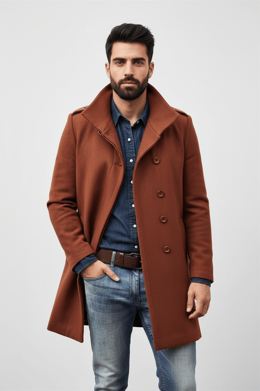 Men's Wool Trench Coat - Tailored Fit, Classic Design for Formal and Casual Wear Rust Red