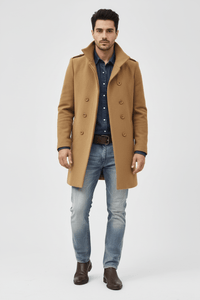 Men's Wool Trench Coat - Tailored Fit, Classic Design for Formal and Casual Wear Camel