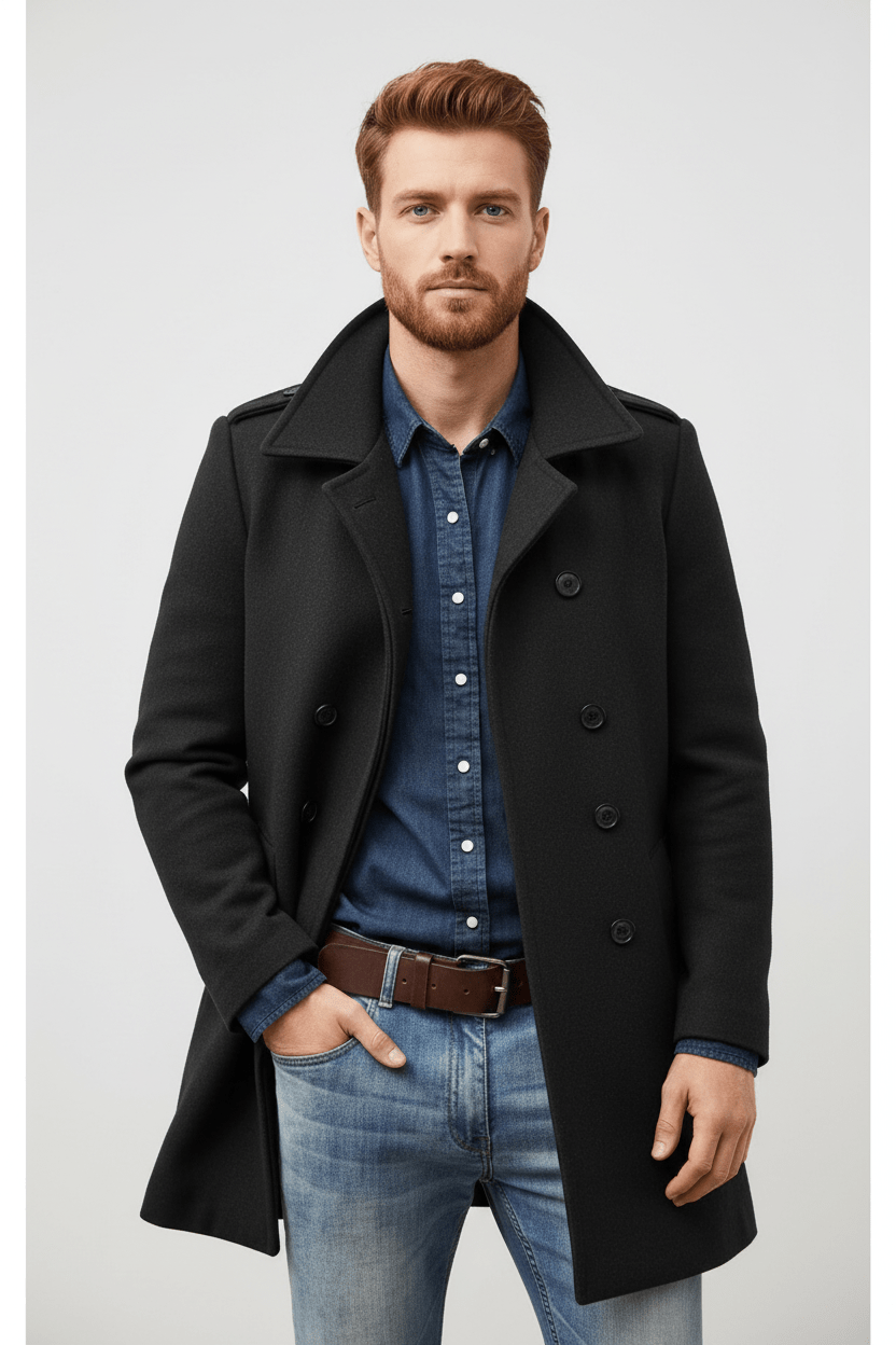 Men's Wool Trench Coat - Tailored Fit, Classic Design for Formal and Casual Wear Black