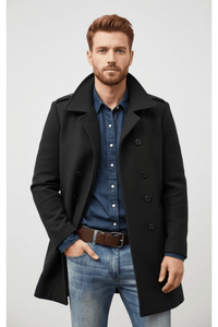 Men's Wool Trench Coat - Tailored Fit, Classic Design for Formal and Casual Wear Black