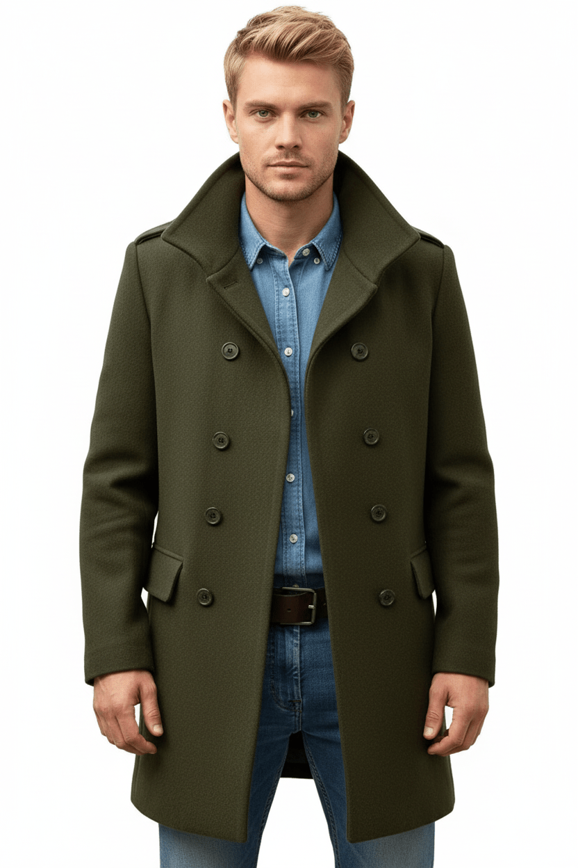 Men's Wool Trench Coat - Tailored Fit, Classic Design for Formal and Casual Wear Army Green