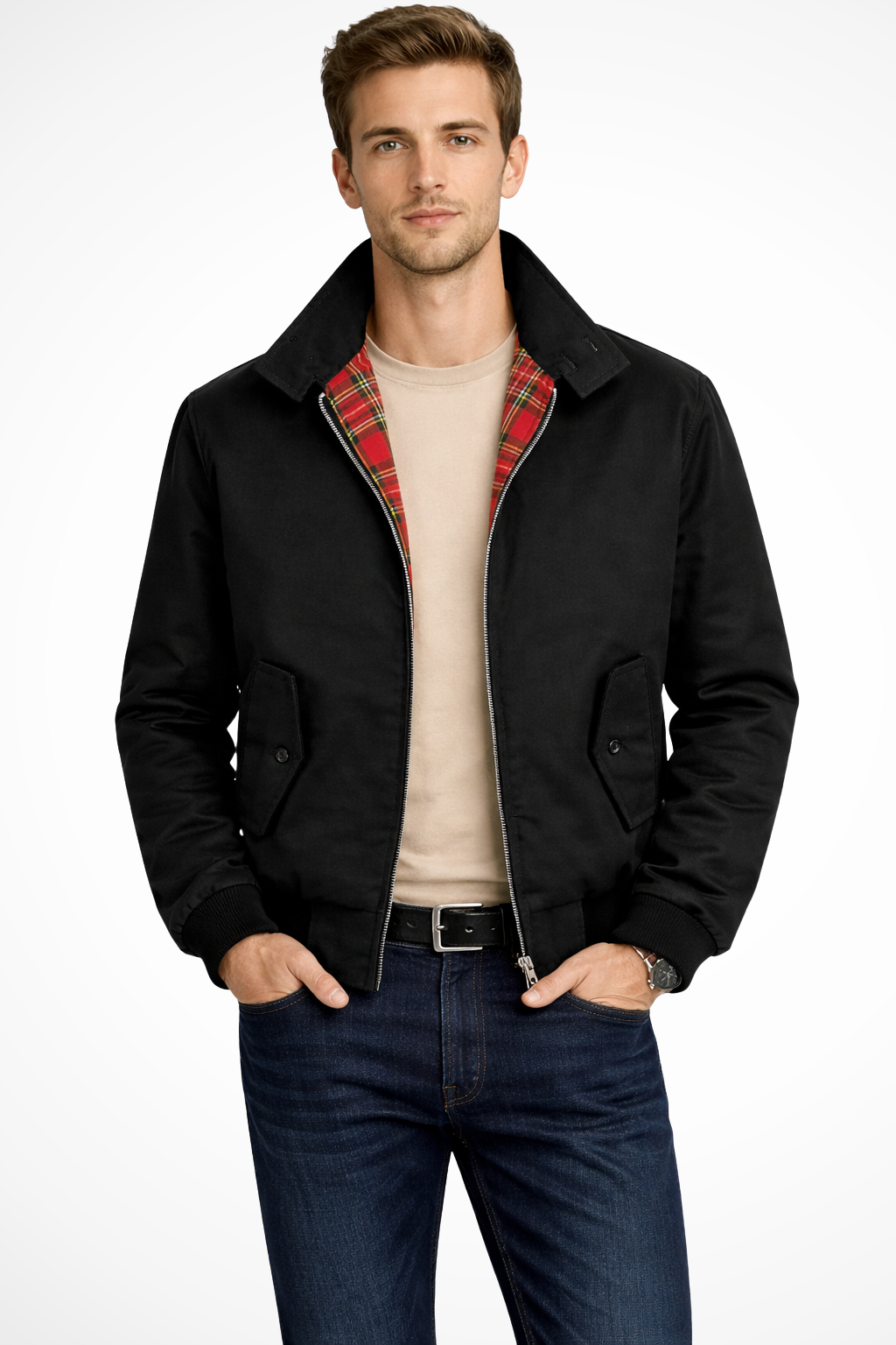 Men's Zip-Up Harrington Jacket with Tartan Lining for Casual Wear
