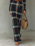 Minimalist Check Knit Maxi Dress with Belted Square Neck for Women