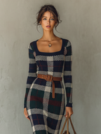 Minimalist Check Knit Maxi Dress with Belted Square Neck for Women