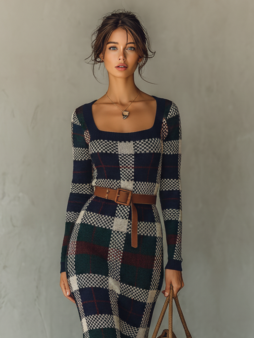 Minimalist Check Knit Maxi Dress with Belted Square Neck for Women