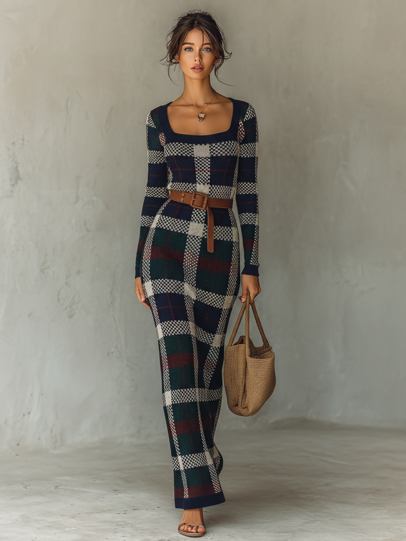 Minimalist Check Knit Maxi Dress with Belted Square Neck for Women