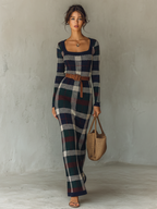 Minimalist Check Knit Maxi Dress with Belted Square Neck for Women
