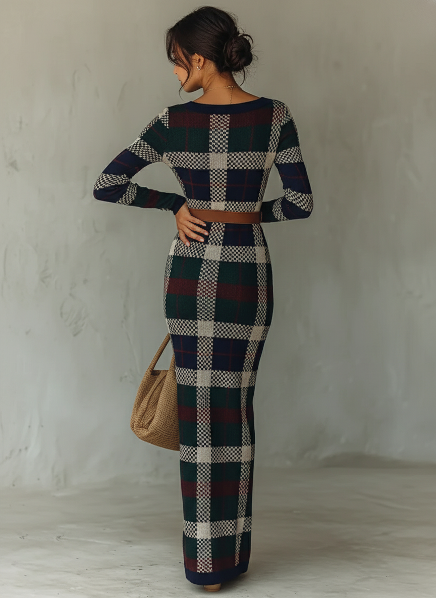 Minimalist Check Knit Maxi Dress with Belted Square Neck for Women