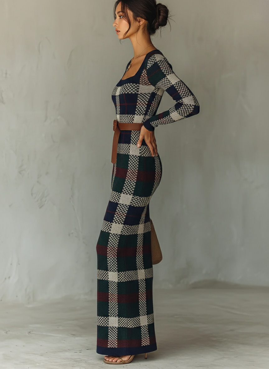 Minimalist Check Knit Maxi Dress with Belted Square Neck for Women