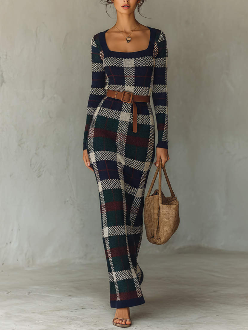 Minimalist Check Knit Maxi Dress with Belted Square Neck for Women