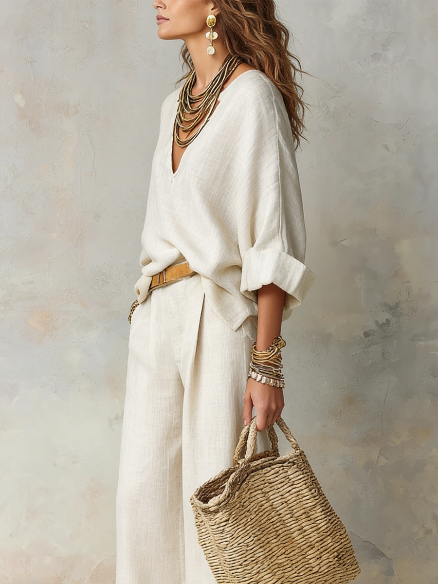 Natural Linen Loose Fitting Off White Resort Wear Set for Relaxed Vacations