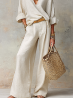 Natural Linen Loose Fitting Off White Resort Wear Set for Relaxed Vacations