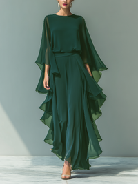 Navy Blue Chiffon Flared Sleeve Top and Straight-Leg Trouser Set for Women