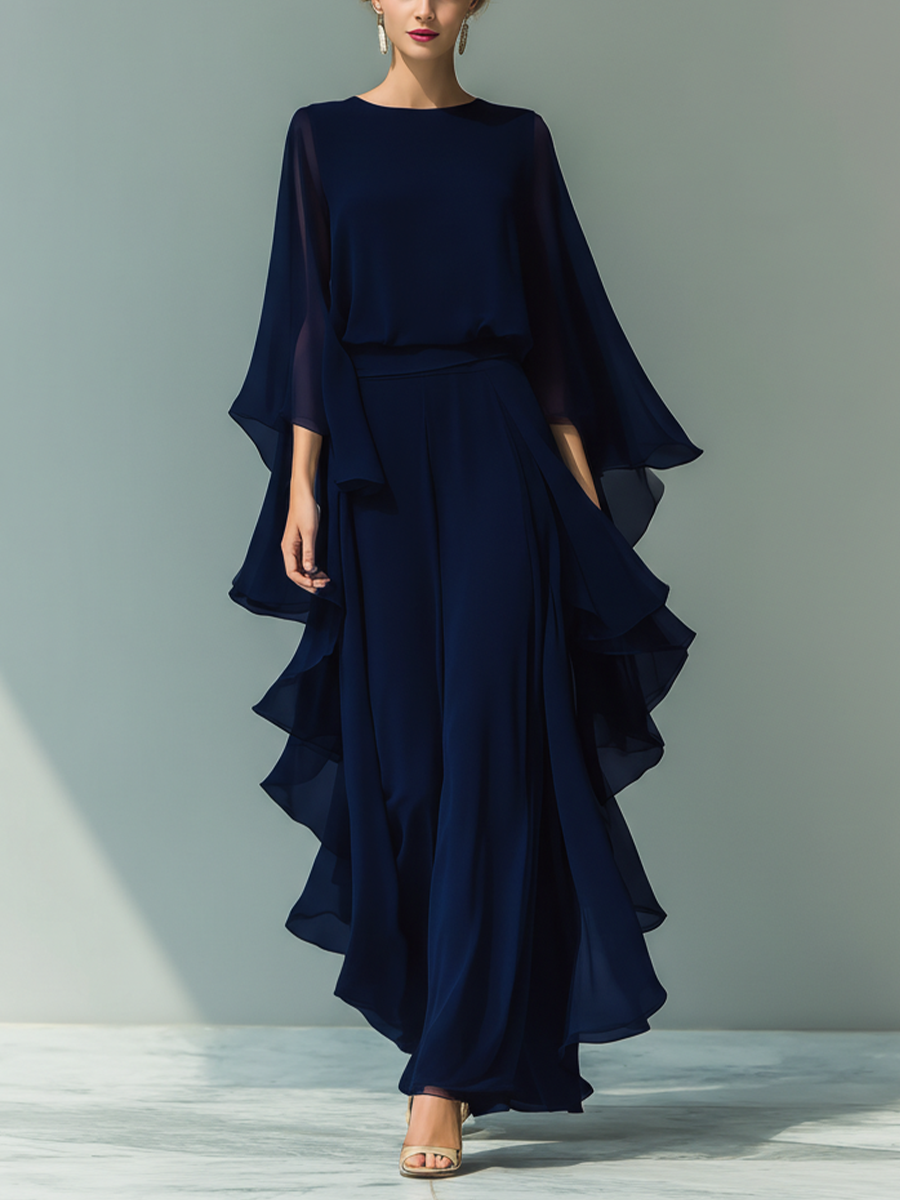 Navy Blue Chiffon Flared Sleeve Top and Straight-Leg Trouser Set for Women