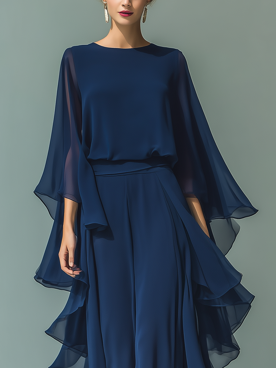 Navy Blue Chiffon Flared Sleeve Top and Straight-Leg Trouser Set for Women