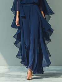 Navy Blue Chiffon Flared Sleeve Top and Straight-Leg Trouser Set for Women