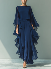 Navy Blue Chiffon Flared Sleeve Top and Straight-Leg Trouser Set for Women