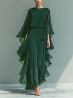 Navy Blue Chiffon Top with Flared Sleeves and Ruffled Trousers Set for Women
