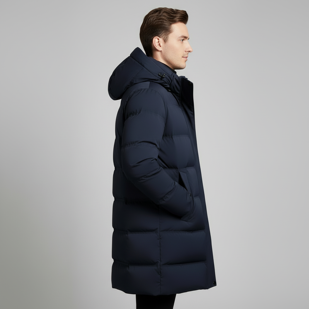 Navy Long Puffer Parka for Men - Insulated Winter Jacket with Hood for Cold Weather Protection