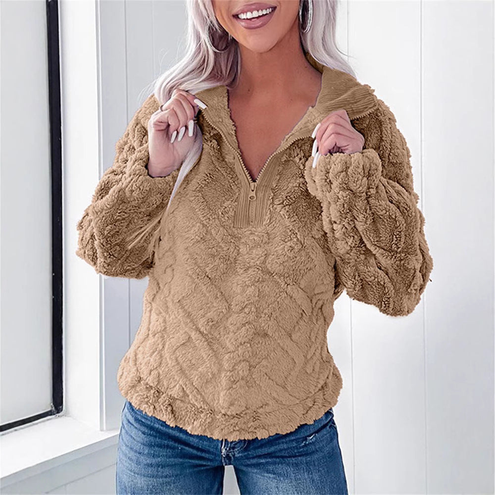 Women's Fleece Pullover with Zip-Neck, Textured Finish – Casual Wear, Outdoor Activities