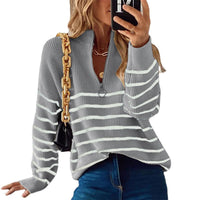 Women's Striped Ribbed Jumper with Zip Neckline – Casual Wear, Everyday Style