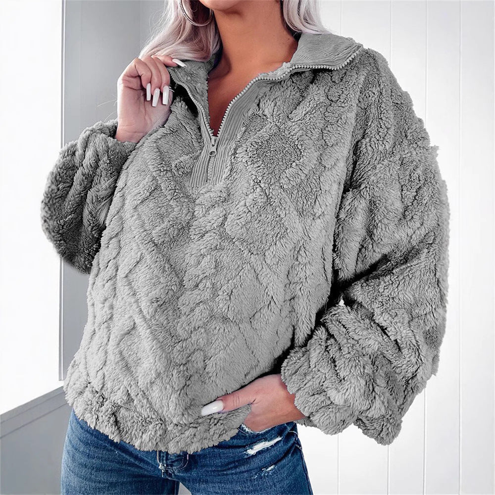 Women's Fleece Pullover with Zip-Neck, Textured Finish – Casual Wear, Outdoor Activities