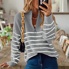 Women's Striped Ribbed Jumper with Zip Neckline – Casual Wear, Everyday Style
