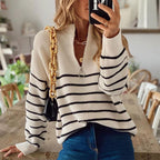 Women's Striped Ribbed Jumper with Zip Neckline – Casual Wear, Everyday Style